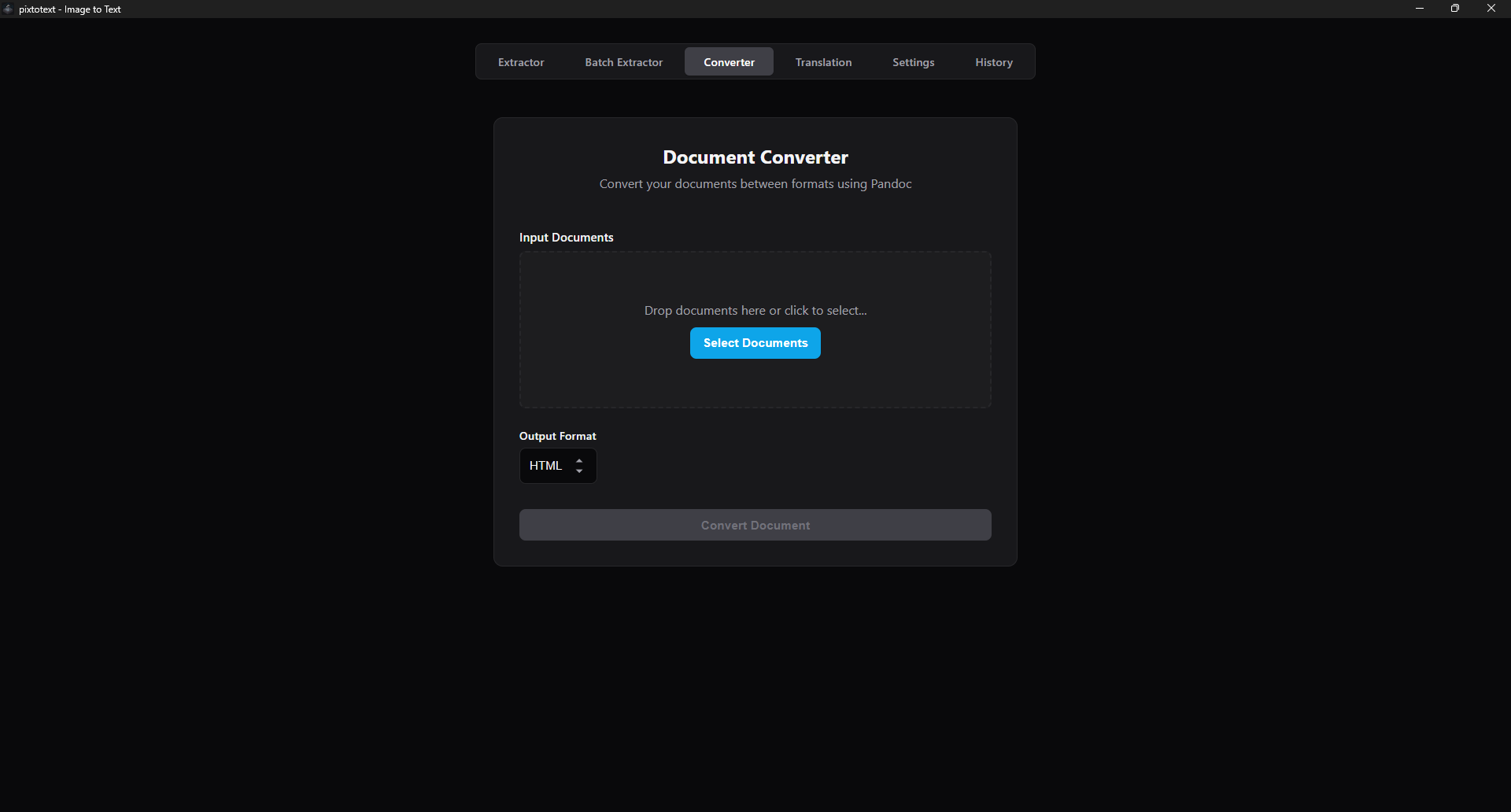 Pixtotext converter screen with a successful HTML conversion.
