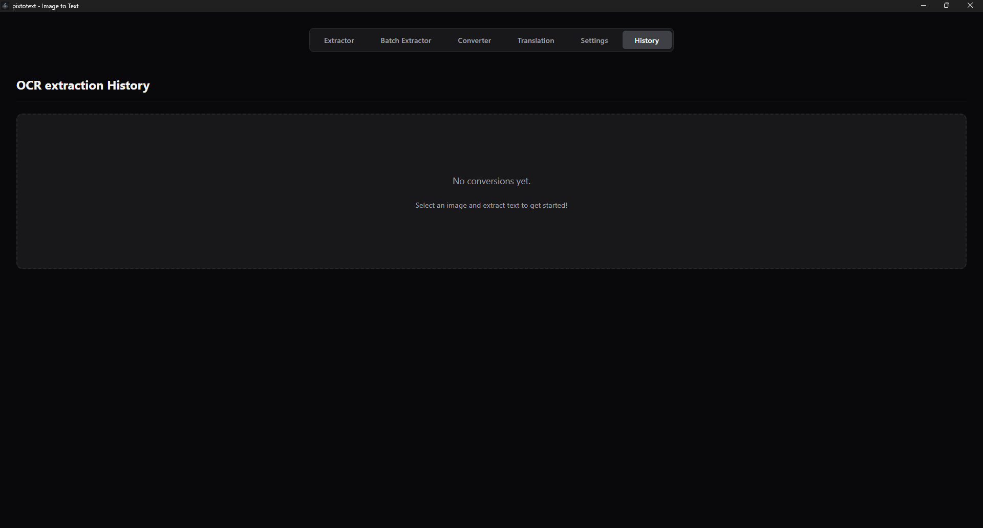 Pixtotext history screen showing previous OCR extraction records.