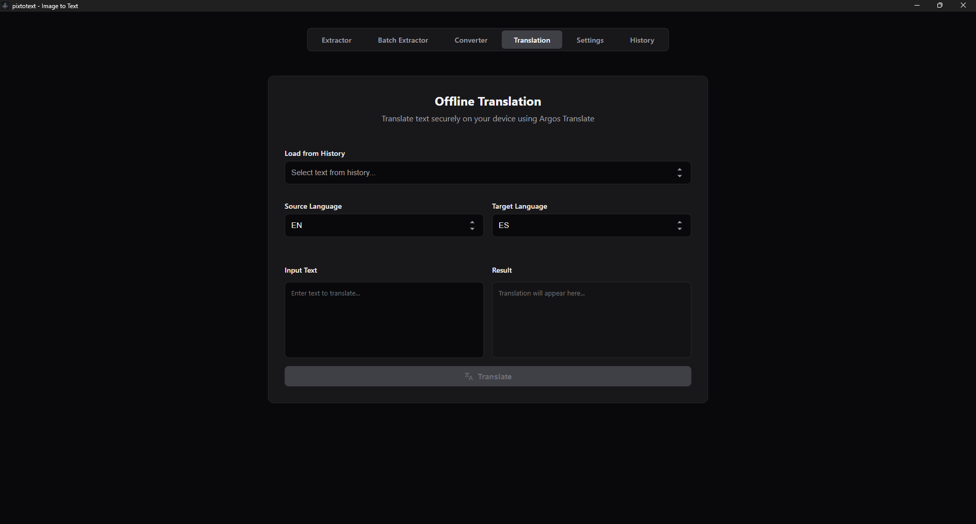 Pixtotext translation screen translating English text to Spanish offline.